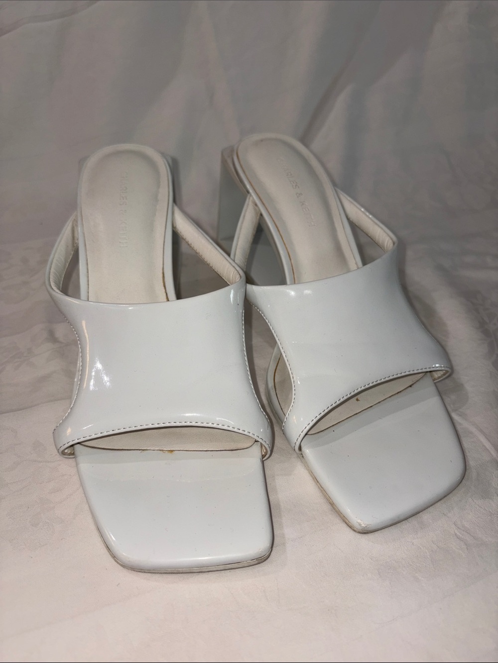 Charles & Keith White Patent Square-Toe Mule Heels